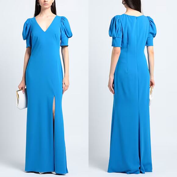 Badgley Mischka Odessa Split Front Crepe Gown V-Neck Puff Sleeves Blue Size 0 - Picture 2 of 15